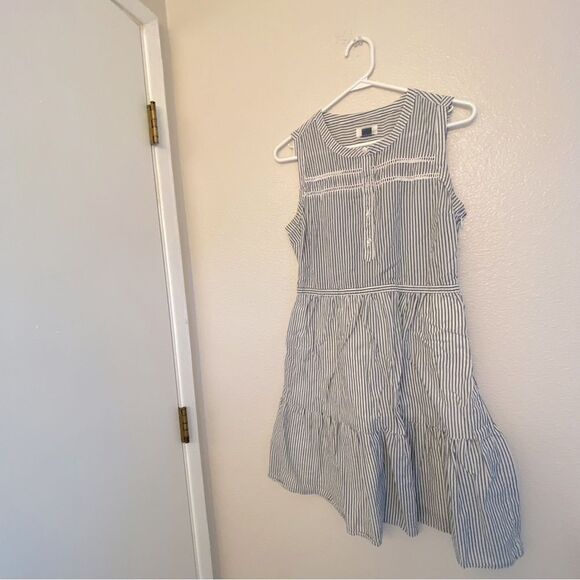 Old Navy Blue pin Stripe sleeveless Shirt Dress ruffle old money coastal Beach M - Picture 3 of 11